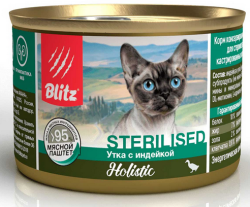 Blitz (Блиц) Консервы для стерилизованных кошек и кастрированных котов с уткой и индейкой в паштете 200 г