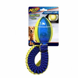 Nerf dog Игрушка для собак Мяч для регби светящийся с плетеным шлейфом зелено-синий 48 см 