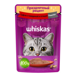 Whiskas (Вискас) Праздничный рецепт Пауч для взрослых кошек суфле с говядиной и птицей в паштете 75 г