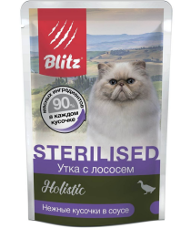 Blitz (Блиц) Sterilised Пауч для стерилизованных кошек и кастрированных котов с уткой и лососем в соусе 85 г