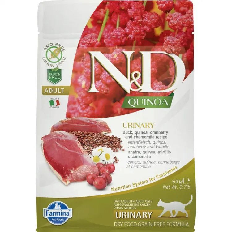 Farmina N&D (Фармина НД) Quinoa Urinary Сухой беззерновой корм для взрослых кошек для профилактики мочекаменной болезни МКБ с уткой, киноа, клюквой и ромашкой 300 г