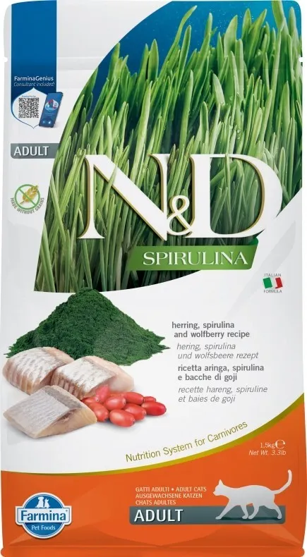 Farmina N&amp;D (Фармина НД) Spirulina Сухой беззерновой корм для взрослых кошек с сельдью, ягодами годжи и спирулиной 1,5 кг