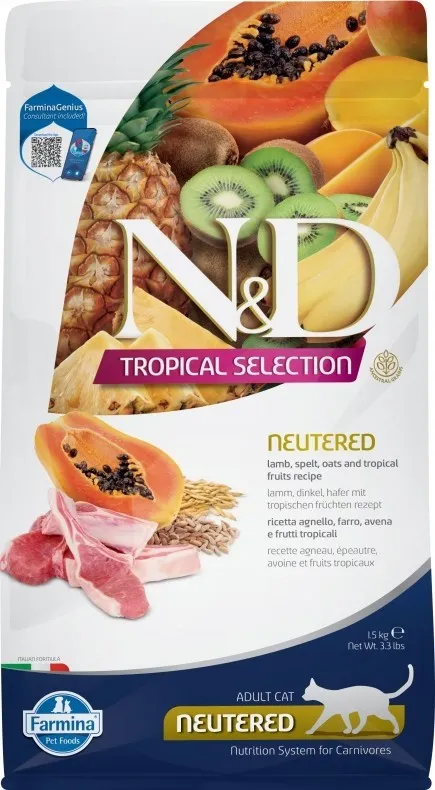 Farmina N&amp;D (Фармина НД) Tropical Selection Сухой низкозерновой корм для стерилизованных кошек и кастрированных котов с ягненком, спельтой и тропическими фруктами 1,5 кг