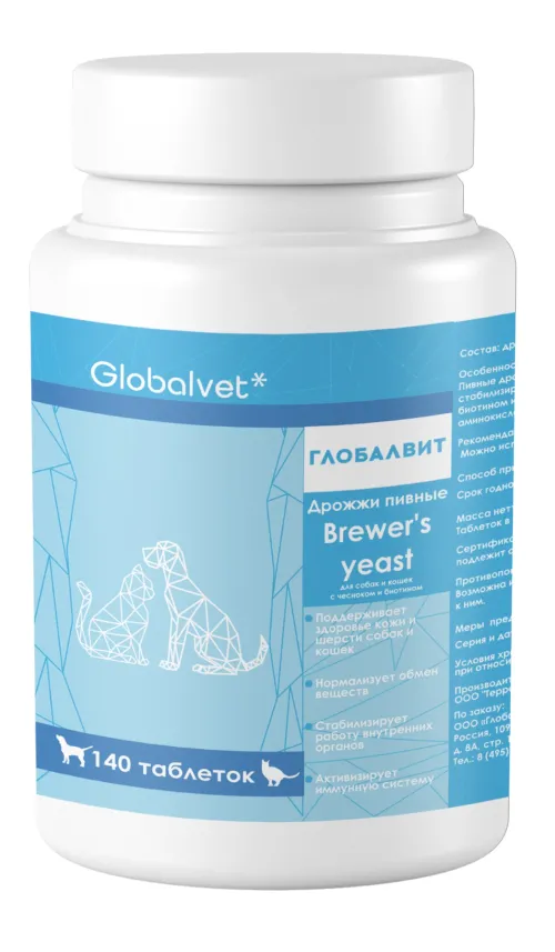 Дрожжи пивные Глобалвит Brewer's yeast для собак и кошек с чесноком и биотином 140 таб. GlobalVet 