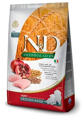 Farmina N&D (Фармина НД) Ancestral Grain Medium & Maxi Puppy Сухой низкозерновой корм для щенков средних и крупных пород с курицей, полбой, овсом и гранатом 12 кг