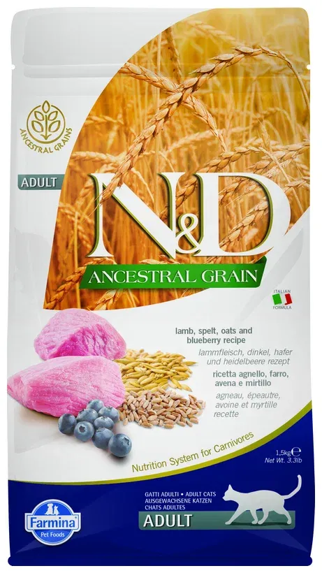 Farmina N&amp;D (Фармина НД) Ancestral Grain Сухой низкозерновой корм для взрослых кошек с ягненком, полбой, овсом и черникой 1,5 кг