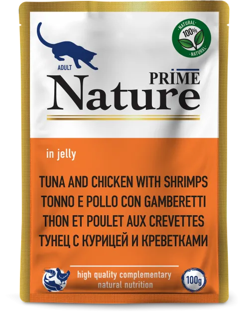 Prime (Прайм) Nature Влажный корм Пауч для взрослых кошек с тунцом, курицей и креветками в желе 100 г