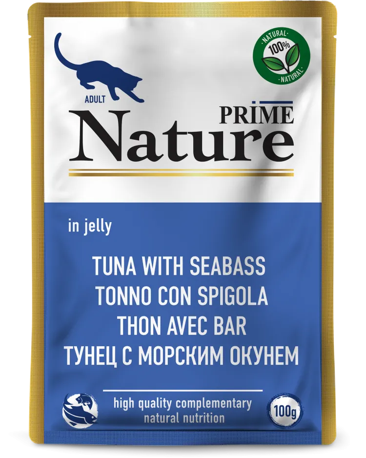 Prime (Прайм) Nature Влажный корм Пауч для взрослых кошек с тунцом и морским окунем в желе 100 г 5 шт