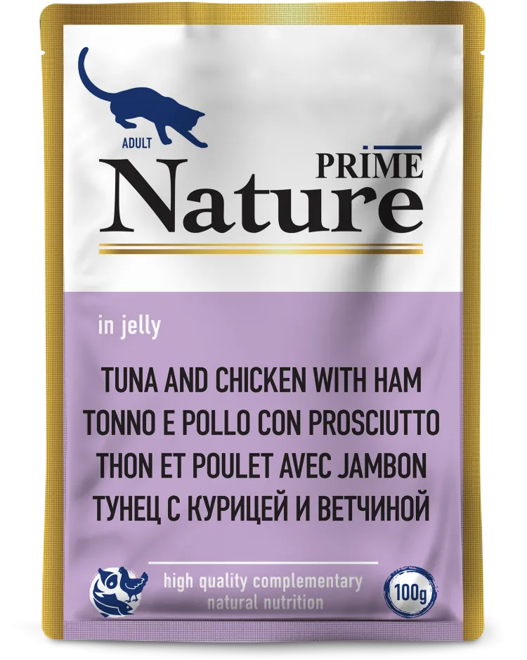 Prime (Прайм) Nature Влажный корм Пауч для взрослых кошек с тунцом, курицей и ветчиной в желе 100 г 5 шт