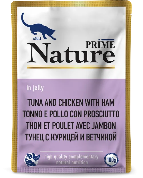 Prime (Прайм) Nature Влажный корм Пауч для взрослых кошек с тунцом, курицей и ветчиной в желе 100 г