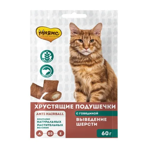 Мнямс Лакомство для кошек Хрустящие подушечки Выведение шерсти 60 г