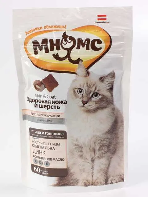 Мнямс Лакомство для кошек Хрустящие подушечки Здоровая кожа и шерсть птица и говядина 60 г