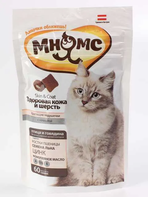 Мнямс Лакомство для кошек Хрустящие подушечки Здоровая кожа и шерсть птица и говядина 60 г
