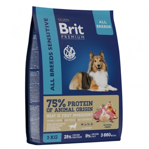 Brit Premium (Брит Премиум) Sensitive Сухой корм для взрослых собак всех пород с чувствительным пищеварением с ягненком и индейкой 3 кг