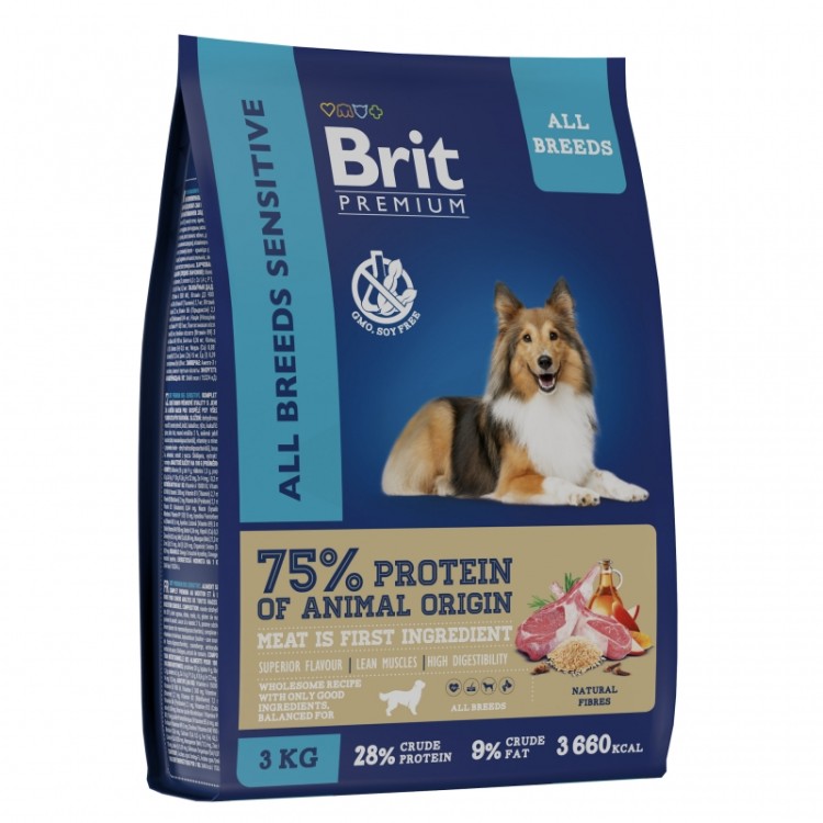 Brit Premium (Брит Премиум) Sensitive Сухой корм для взрослых собак всех пород с чувствительным пищеварением с ягненком и индейкой 3 кг