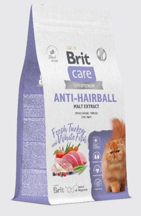 Brit Care (Брит Кэа) Anti-Hairball Сухой корм для взрослых кошек для вывода шерсти из желудка с белой рыбой и индейкой 1,5 кг