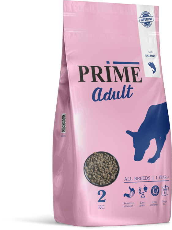 Prime adult skin & coat Прайм Полнорационный сухой корм для взрослых собак всех пород с лососем (для кожи и шерсти) 2 кг