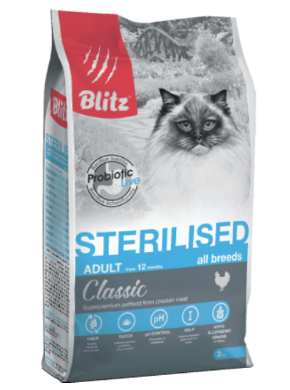 Blitz Sterilised Сухой корм для стерилизованных кошек и кастрированных котов с курицей 400 г