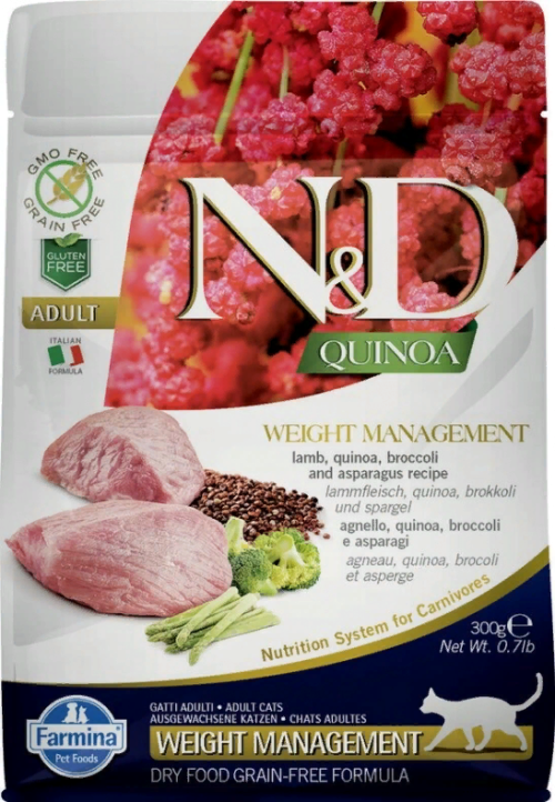 Farmina N&amp;D (Фармина НД) Quinoa Weight management Сухой беззерновой корм для взрослых кошек для контроля веса с ягненком, киноа, брокколи и спаржей 300 г