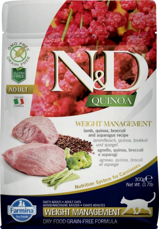 Farmina N&D (Фармина НД) Quinoa Weight management Сухой беззерновой корм для взрослых кошек для контроля веса с ягненком, киноа, брокколи и спаржей 300 г