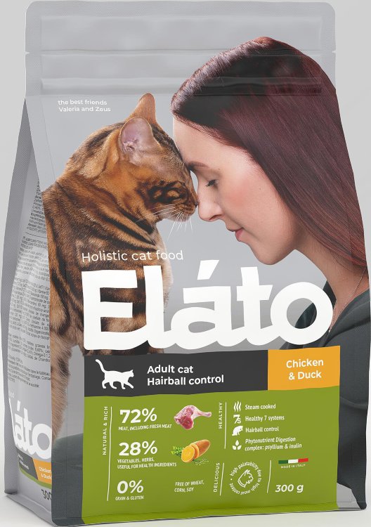 ЭЛАТО (ELATO) Корм д/взрослых кошек с курицей и уткой д/выведения шерсти 300г