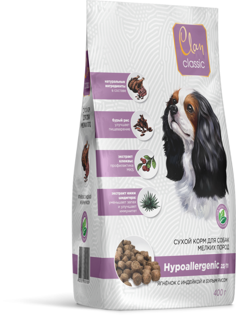 Clan Classic (Клан Классик) Hypoallergenic 23/11 Сухой корм для собак мелких пород с ягненком, индейкой и бурым рисом 400 г
