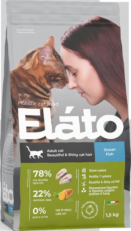 ЭЛАТО (ELATO) Корм д/взрослых кошек с рыбой д/красивой и блестящей шерсти 1,5кг