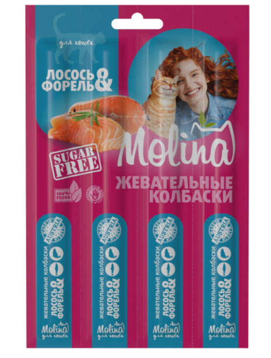 Molina Жевательные колбаски для кошек с лососем и форелью 4 шт 20 г