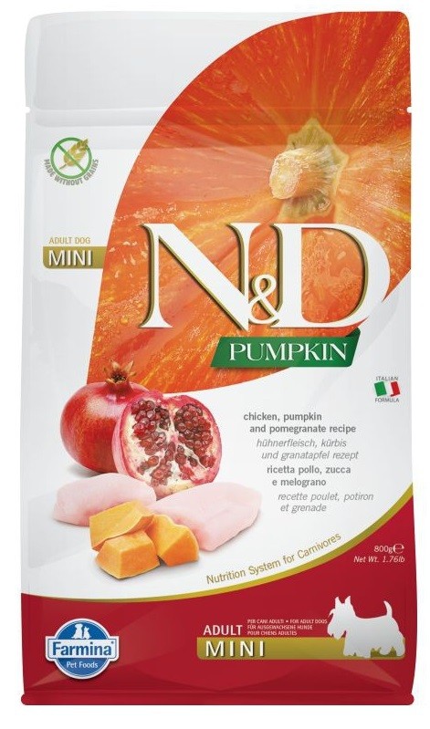 Farmina N&D (Фармина НД) Pumpkin Mini Сухой беззерновой корм для взрослых собак мелких пород с курицей, гранатом и тыквой 800 г