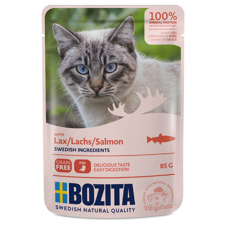 Bozita Pouch Salmon in sauce влажный корм для взрослых кошек, кусочки в соусе с лососем, 85г