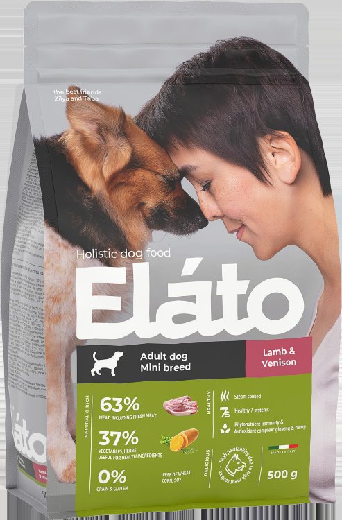 ЭЛАТО (ELATO) Корм д/взрослых собак мелких пород с ягненком и олениной 500г