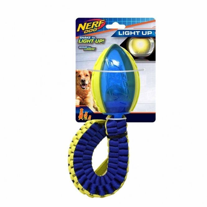 NERF DOG (Нёрф) - Игрушка д/собак Мяч для регби светящийся с плетеным шлейфом 48см (зеленый/синий)