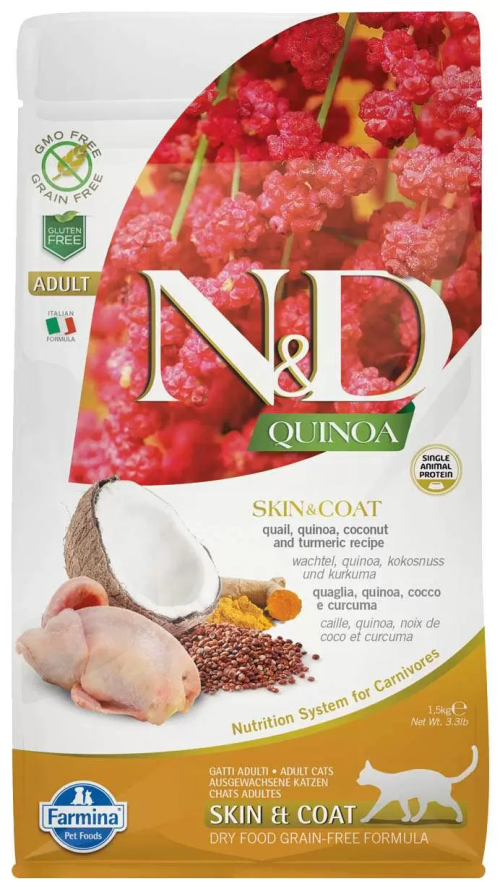 Farmina N&amp;D (Фармина НД) Quinoa Skin &amp; Coat Сухой беззерновой корм для взрослых кошек для кожи и шерсти с перепелом и киноа 1,5 кг