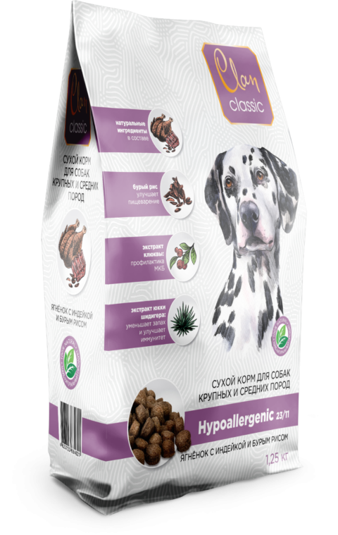 Clan Classic (Клан Классик) Hypoallergenic 23/11 Сухой корм гипоаллергенный для собак средних и крупных пород с ягненком, индейкой и бурым рисом 1,25 кг