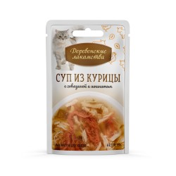 Деревенские лакомства Пауч для взрослых кошек Суп из курицы с говядиной и шпинатом 35 г 1