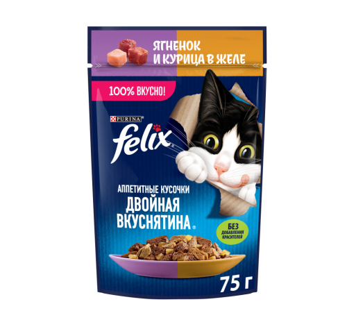 Purina Felix (Пурина Феликс) Аппетитные кусочки двойная вкуснятина Пауч для кошек с ягненком и курицей в желе 75 г