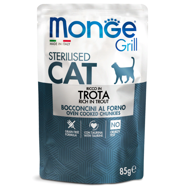 MONGE (Монж) Cat Grill Pouch Пауч для взрослых стерилизованных кошек итальянская форель 85 г