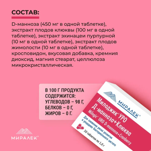 Милоджик Уро Д-манноза 1 г с клюквой для собак и  крупных кошек 30 табл (Аналог УроПро) 