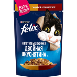 Purina Felix (Пурина Феликс) Аппетитные кусочки двойная вкуснятина Пауч для кошек с индейкой и печенью в желе 75 г