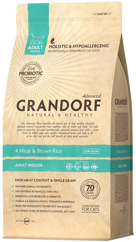 GRANDORF(грандорф) Indoor СУХОЙ КОРМ Для взрослых домашних кошек от 1 года, 4 вида мяса с бурым рисом 400 гр