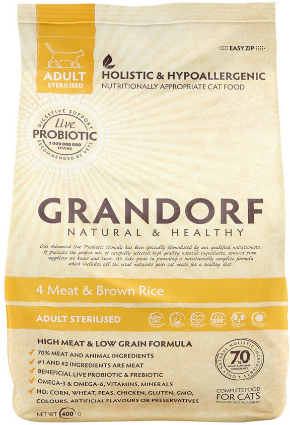 Grandorf 4 meat & Brown Rice Adult Sterilised 2 кг. Корм для кошек Grandorf 4 meat & Brown Rice Sterilized. Grandorf для кошек стерилизованных 4 мяса