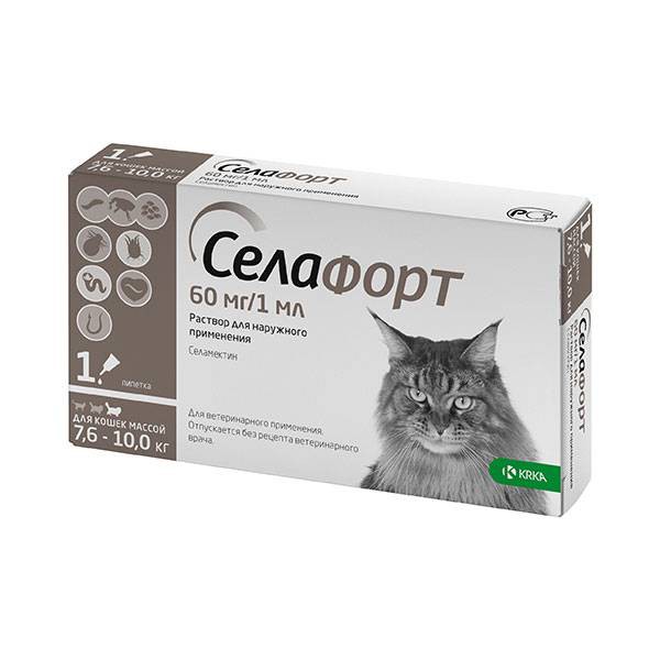 KRKA Селафорт 60 мг капли на холку для кошек весом от 7,6 до 10 кг 1 пипетка
