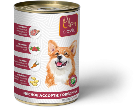 Clan classic паштет мясное ассорти с говядиной для собак 340 г