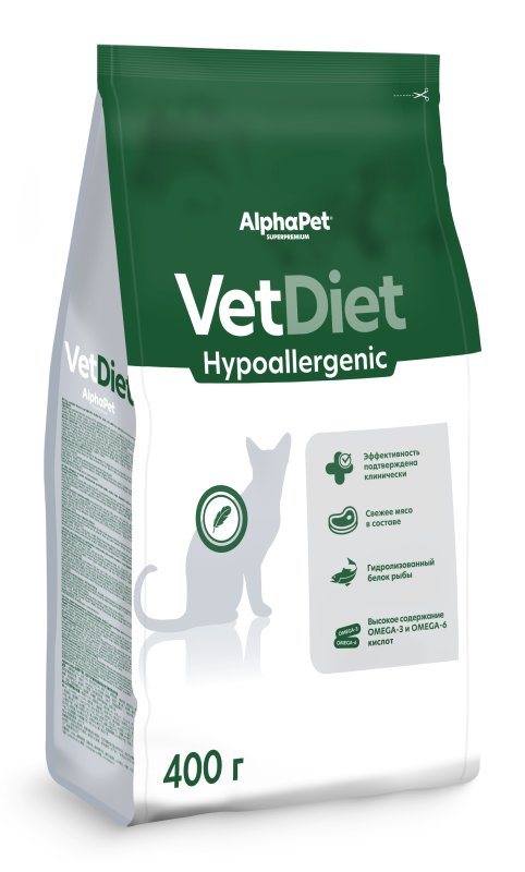 AlphaPet VetDiet Hypoallergenic Сухой корм для взрослых кошек при пищевой аллергии и непереносимости ингредиентов 400 г