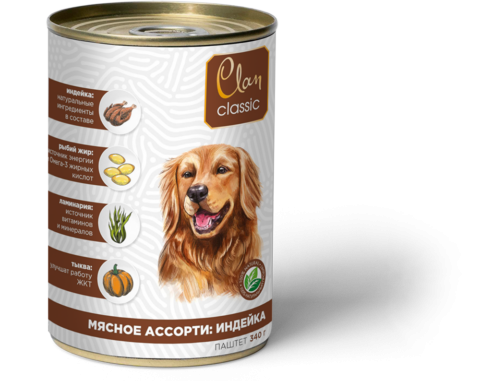 Clan classic паштет мясное ассорти с индейкой для собак 340 г