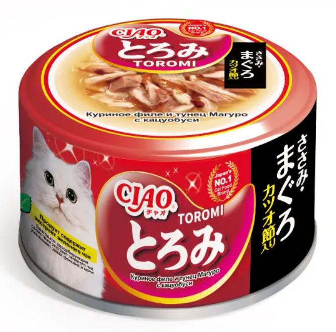 Inaba Toromi (Инаба Тороми) Консервы для кошек с куриным филе, тунцом магуро и кацуобуси в бульоне 80 г