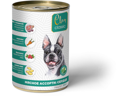Clan classic паштет мясное ассорти с сердцем для собак 340 г