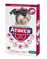 Атакса 1250 мг Капли на холку от клещей, блох, комаров, власоедов для собак весом от 10 до 25 кг 1 пипетка 2,5 мл