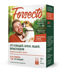 Forsecto (Форсекто) Капли на холку от блох и клещей для собак и щенков весом от 5 до 10 кг 2 пипетки