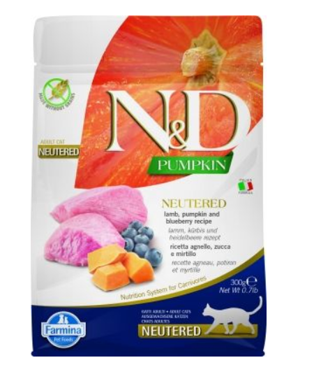 Farmina N&D (Фармина НД) Pumpkin Neutered Сухой беззерновой корм для стерилизованных кошек и кастрированных котов с ягненком, черникой и тыквой 300 г